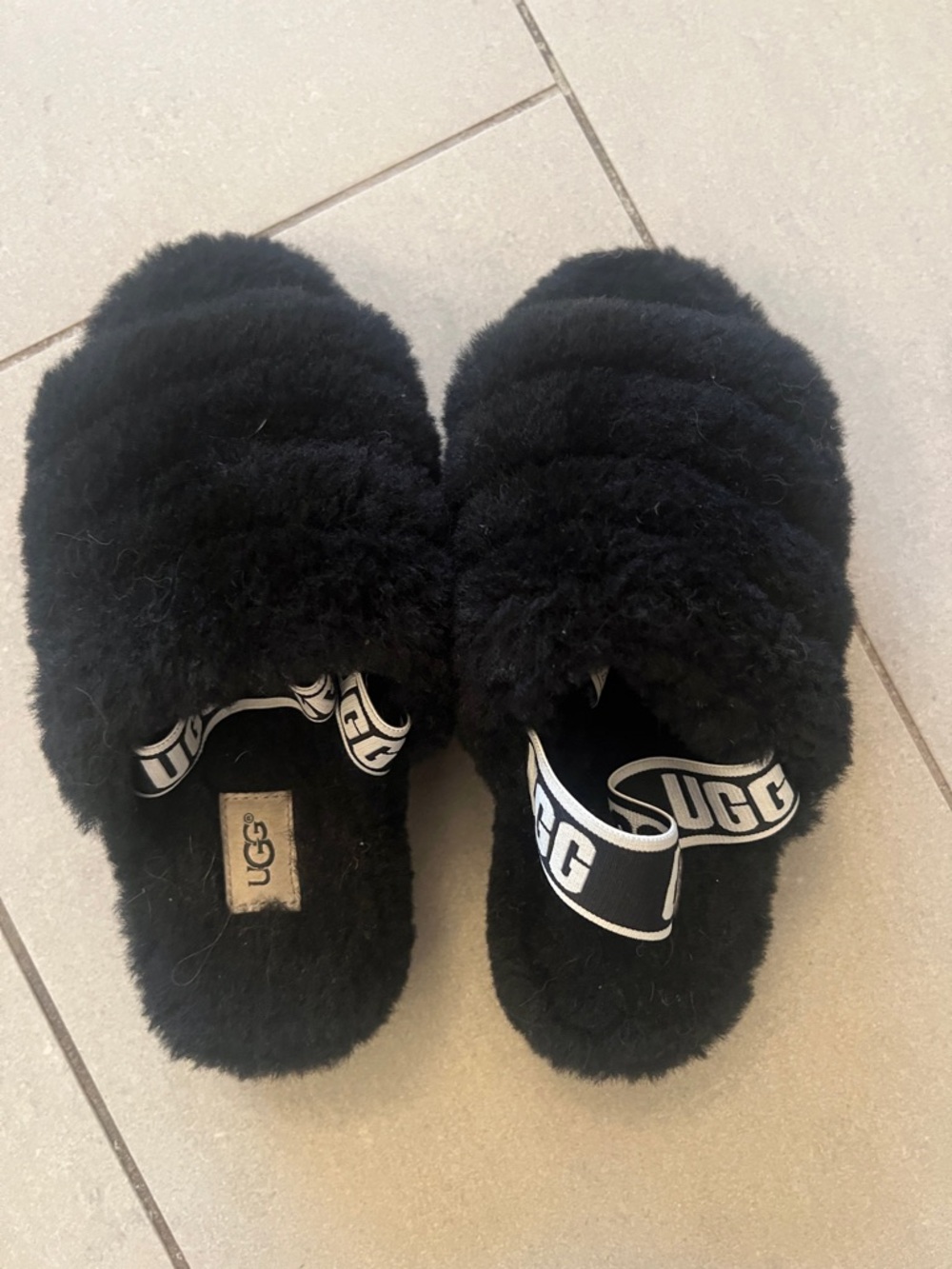 UGG Black Fluffy Slide with Branded Elastic Heel